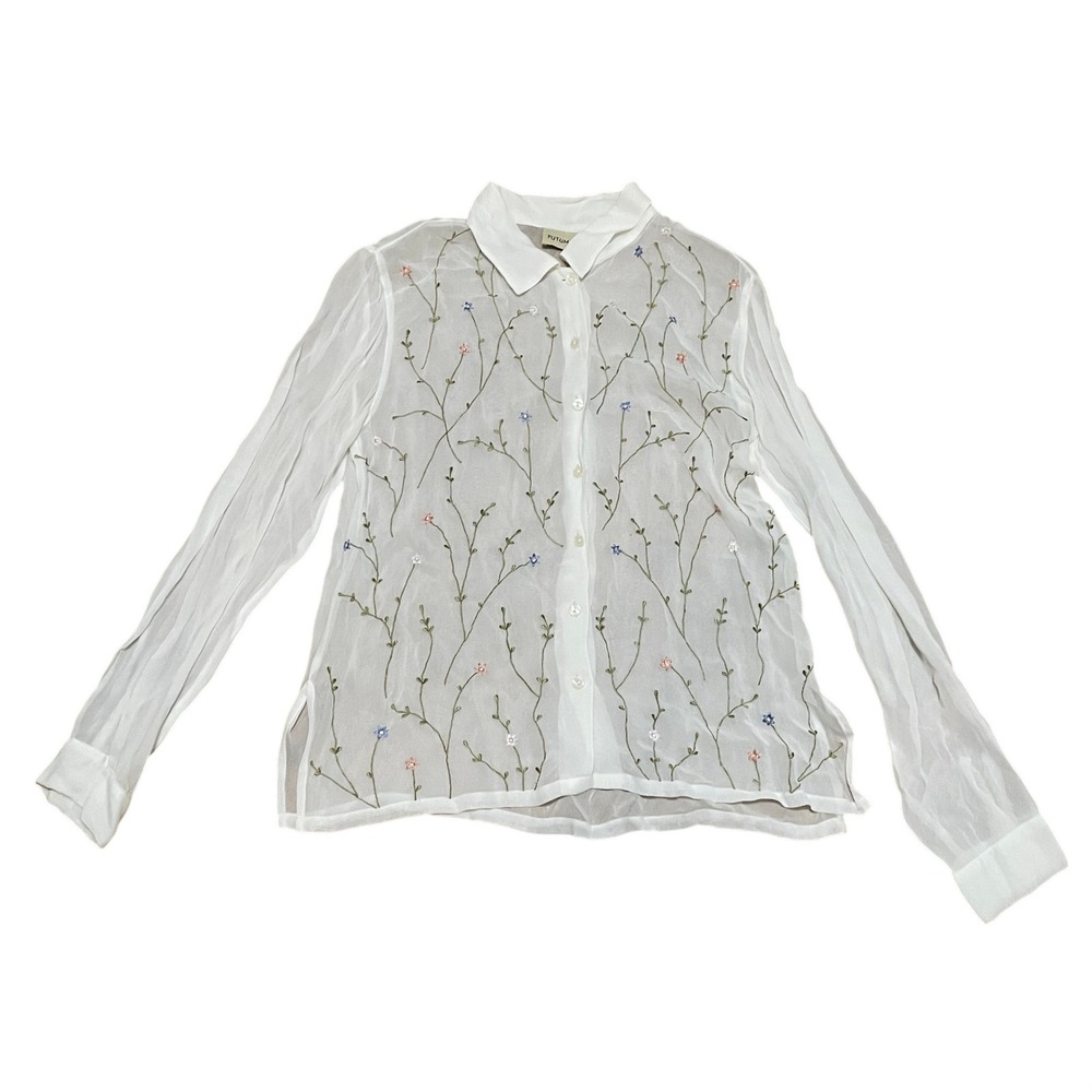 Putumayo Women's Small White Sheer Floral Embroidered‎ Coquette Button Down Top